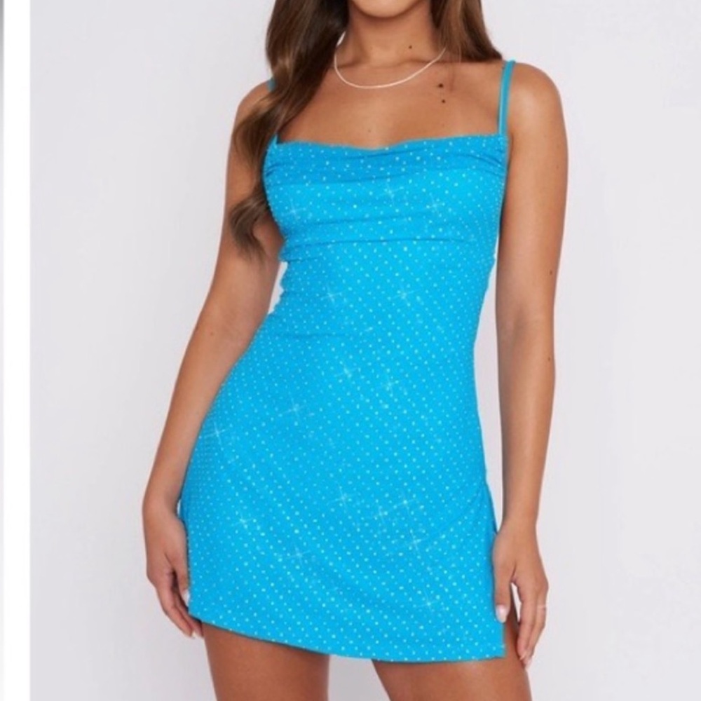 Blue rhinestone never worn white fox dress